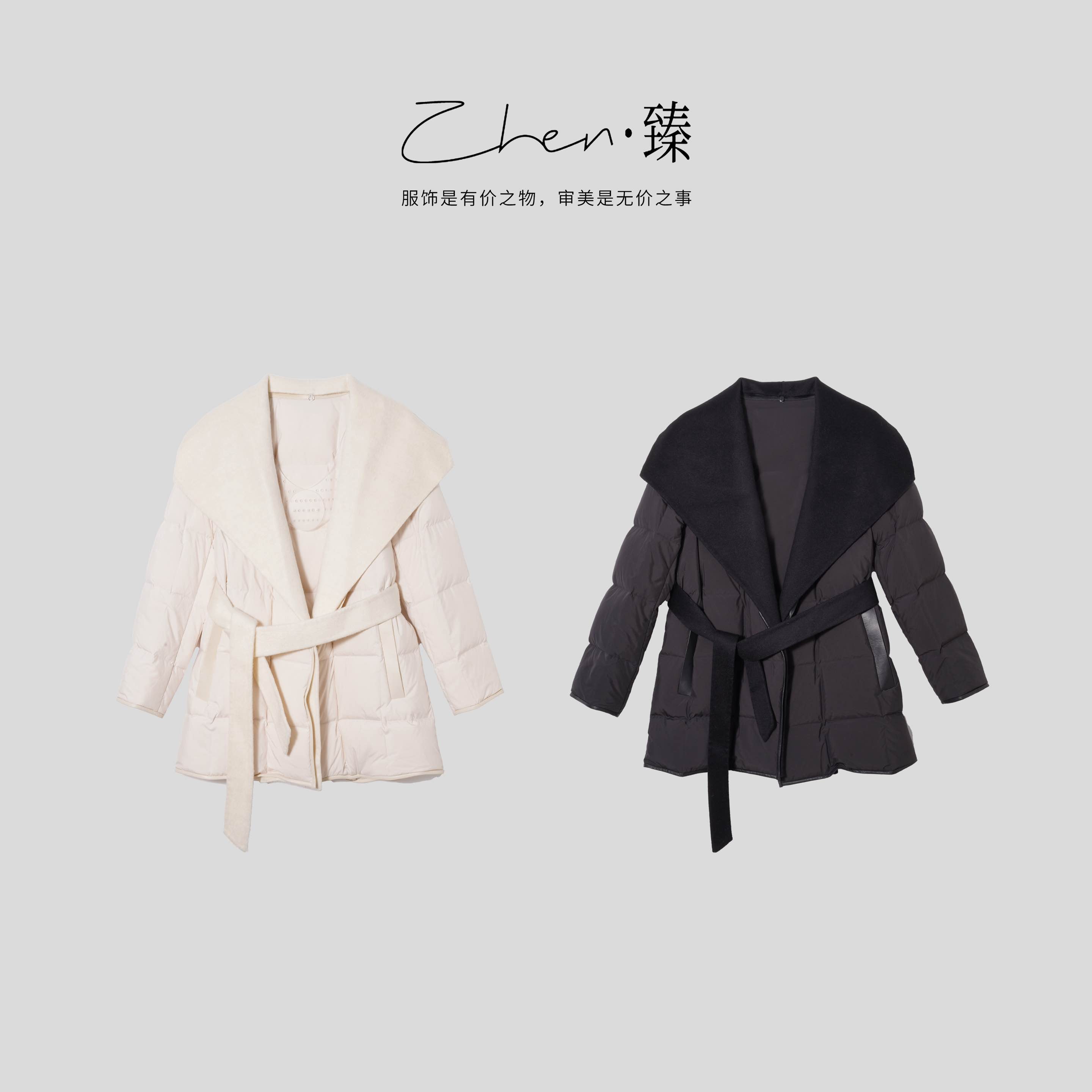 ZHEN.臻 大翻领拼羊毛+绵羊皮绑带中长款鹅绒羽绒服外套YRF8987Z