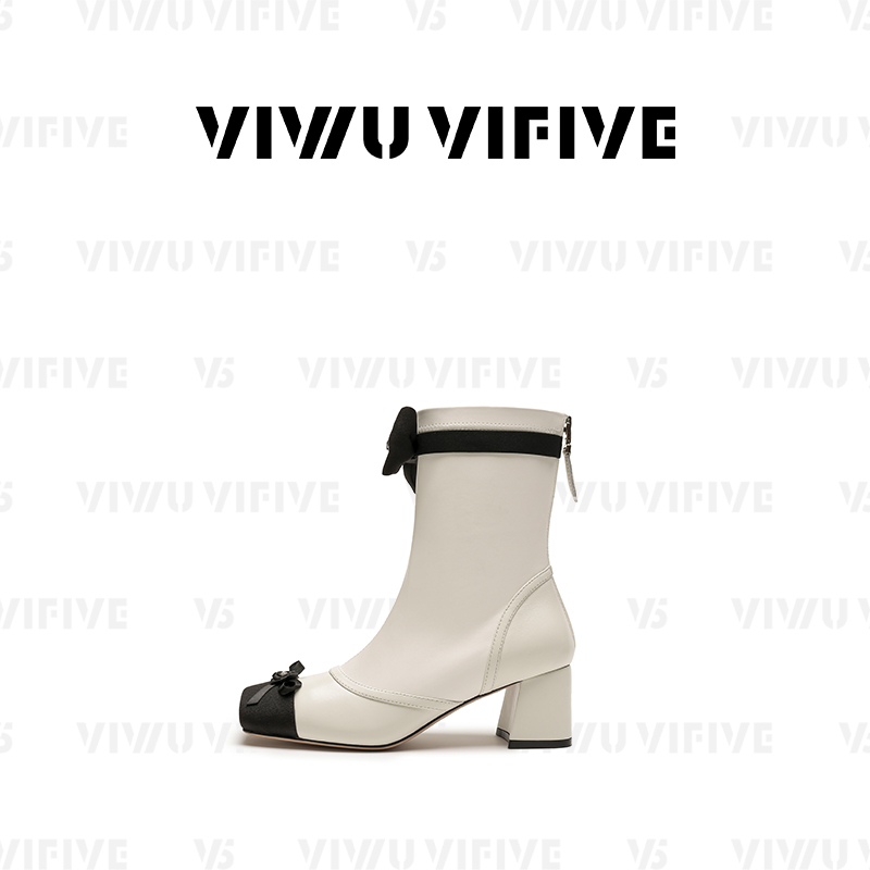 V5「馥雅·靴」2025秋上新爆款流光风小香风蝴蝶结水钻粗跟矮靴女