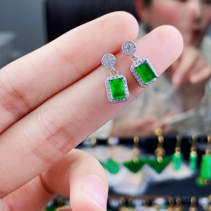 翡翠耳饰银S925镶嵌饰品