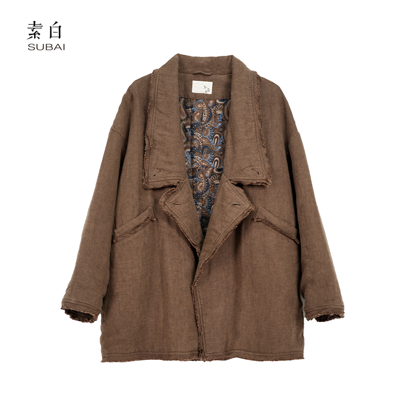 素白【智界】F01921复古文艺色织亚麻休闲加厚保暖棉衣外套