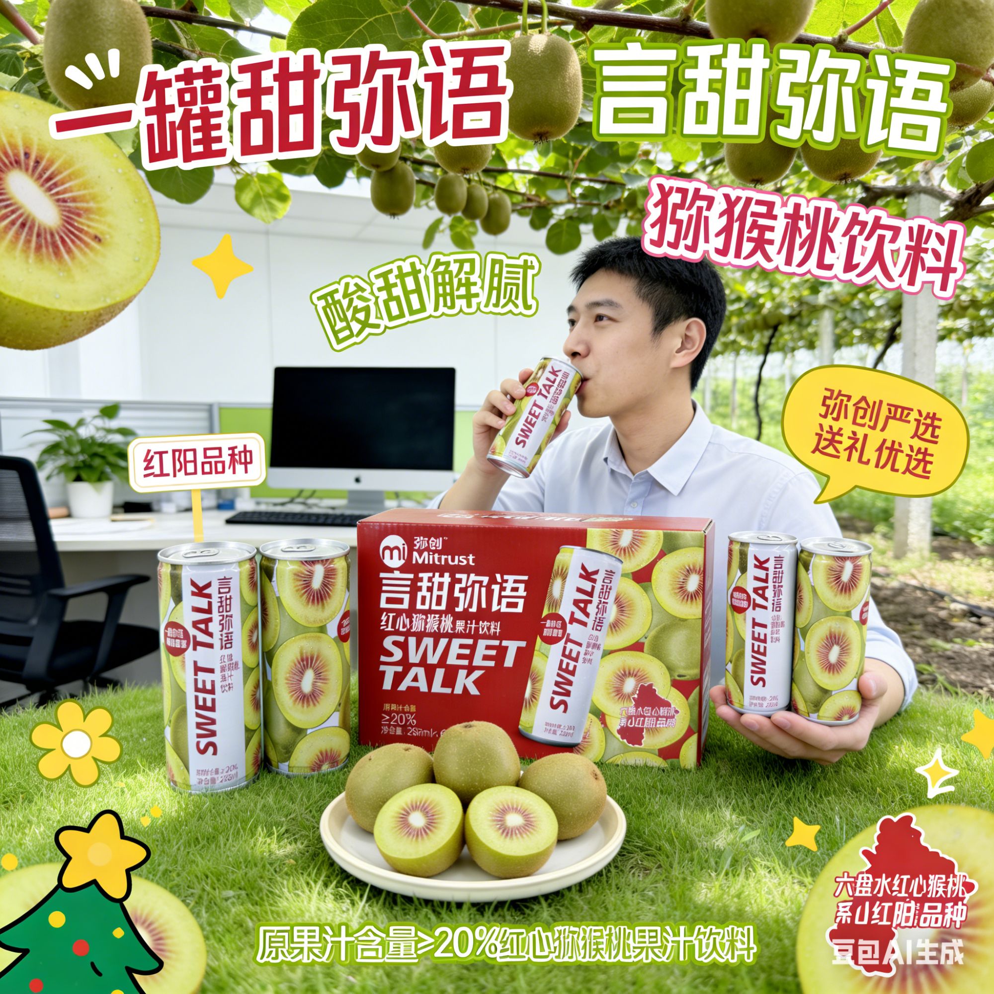 贵州弥创言甜弥语红心猕猴桃果汁饮料238ml*6罐果汁鲜榨