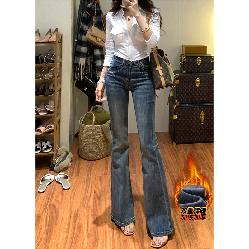 加绒高腰线条刺绣微喇牛仔裤女2025年冬季新款设计感显瘦喇叭长裤