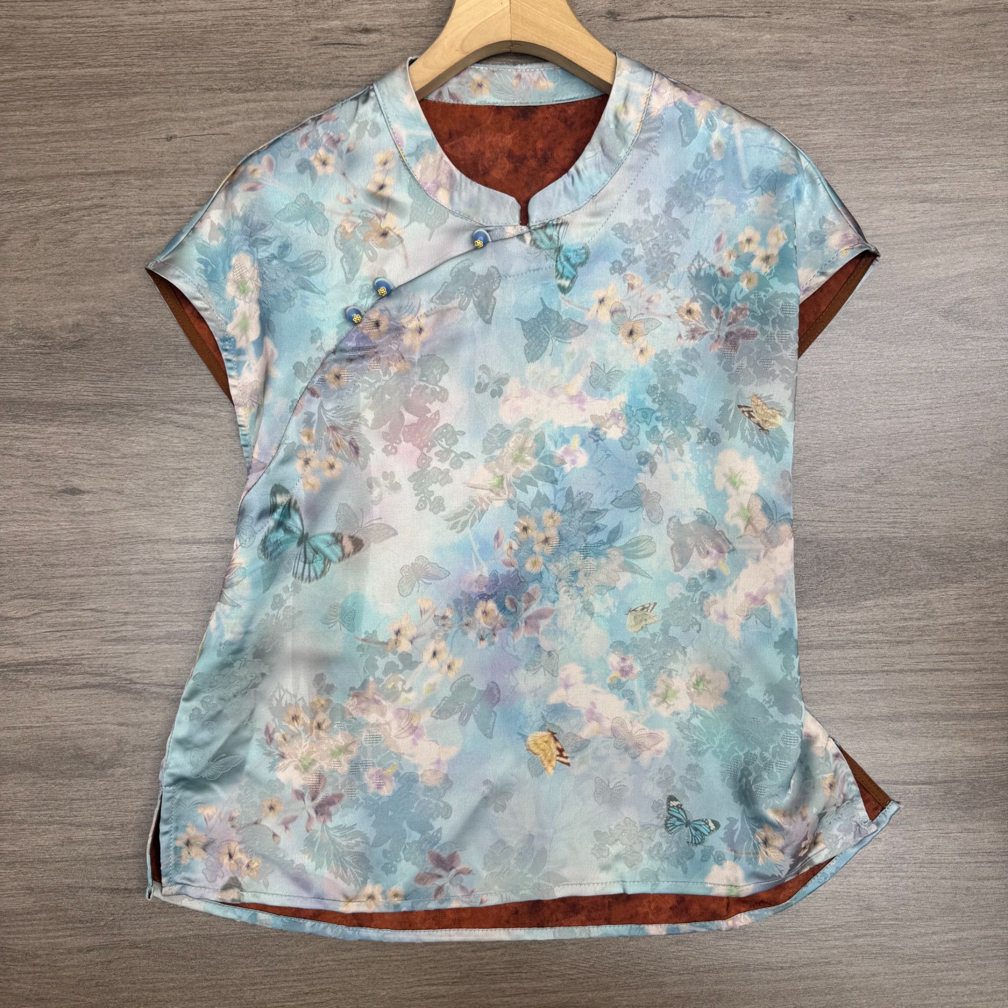 【蓝烟】淡雾蓝蝶恋花纯植物丝红云纱舒适透气服装面料1238