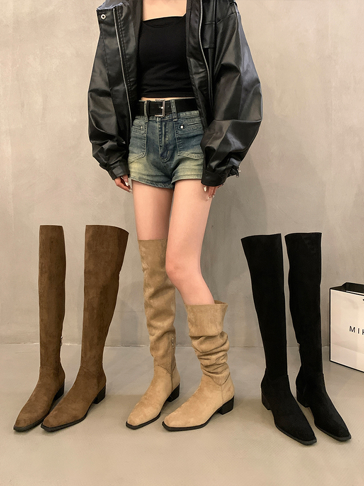 高跟绒面西部中长靴女鞋2025新款秋冬季加绒尖头堆堆长筒骑士靴子