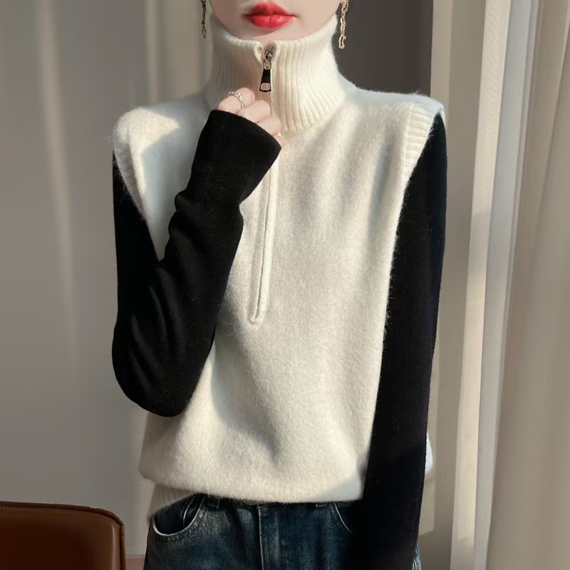 时髦半拉链高领针织马甲休闲毛衣坎肩女百搭保暖洋气无袖叠穿背心