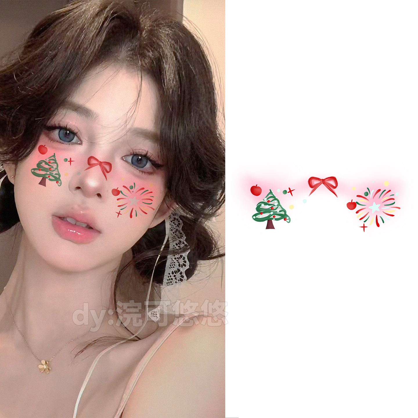 圣诞节氛围感腮红妆容脸贴蝴蝶结圣诞树可爱ins防水纹身贴cos派对