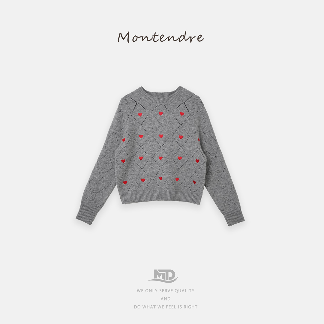 【Montendre】秋冬新款 K 宽松毛针织衫双色提花宽松休闲爱心上衣女