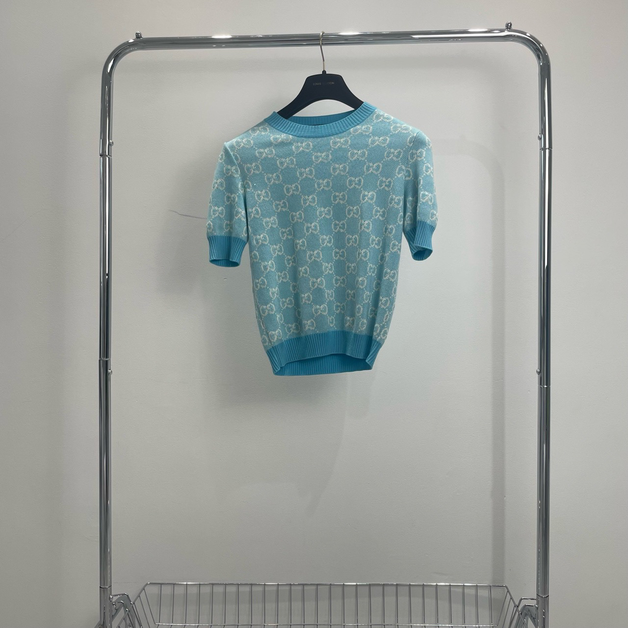 99新 GUCCI/古驰 满logo  双G满印logo 羊毛针织短袖 YY00 尺码s