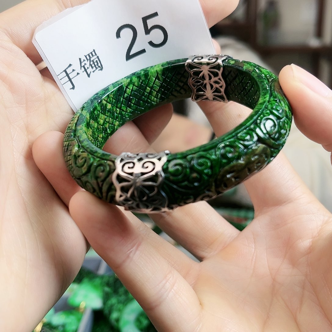 翡翠手镯银S925镶嵌手镯57.7