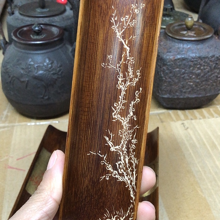 手工雕刻斑竹茶则