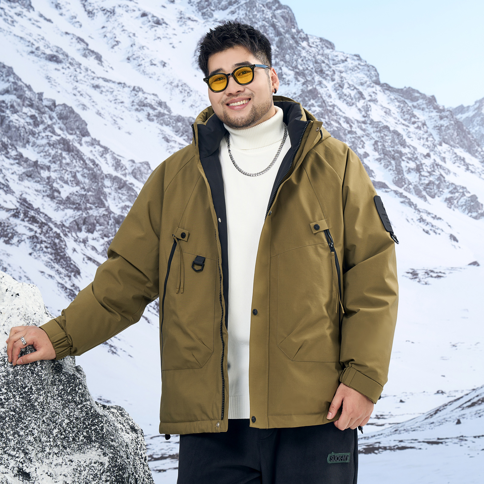 【90白鸭绒-极寒蓄热】森老板大码男装胖子防风连帽羽绒服外套男款