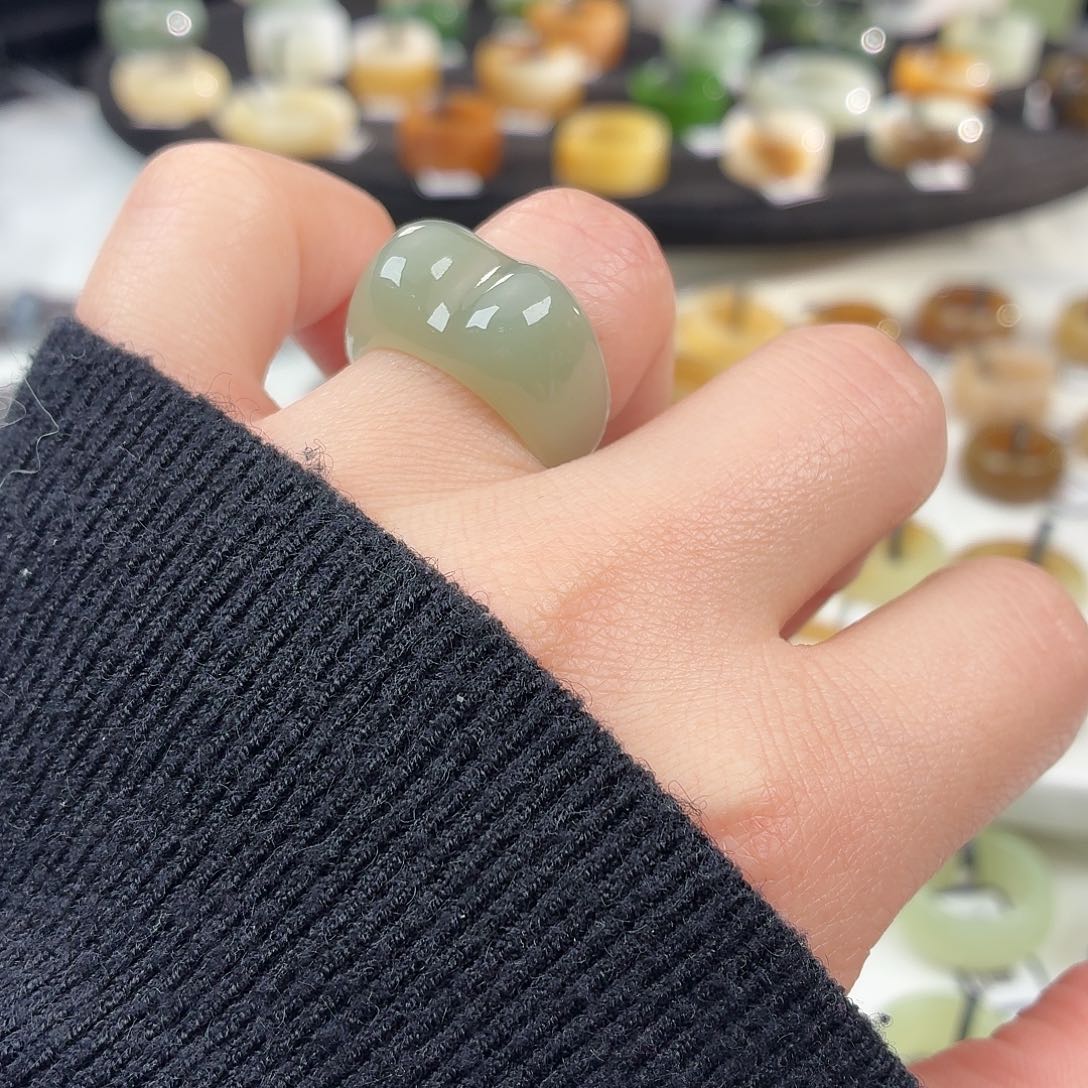 和田玉未镶嵌戒指S37奶蓝猫耳17.2