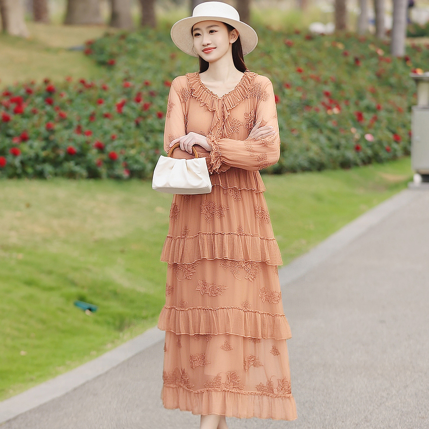 拜占庭的森林真丝桑蚕丝层层蛋糕裙女大码显瘦遮肚中长款沙滩裙子