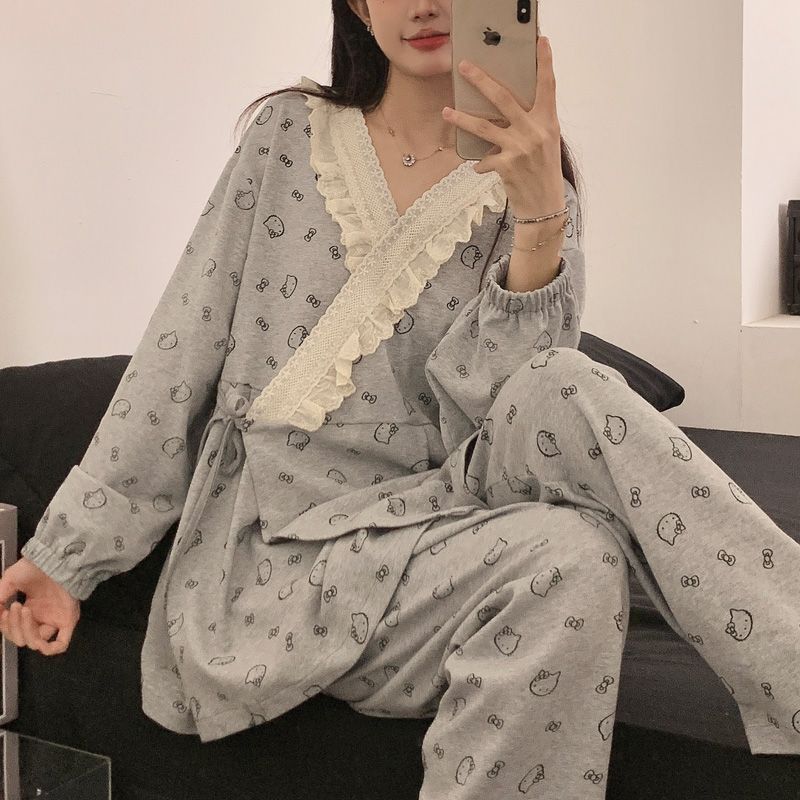 春秋季纯棉和服吸汗哺乳月子服孕妇产后喂奶睡衣家居服甜美