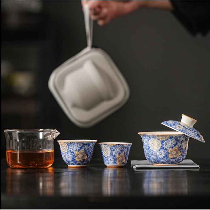 陶瓷青花旅行茶具便携式客杯一壶二杯户外喝茶随身盖碗套装LX163