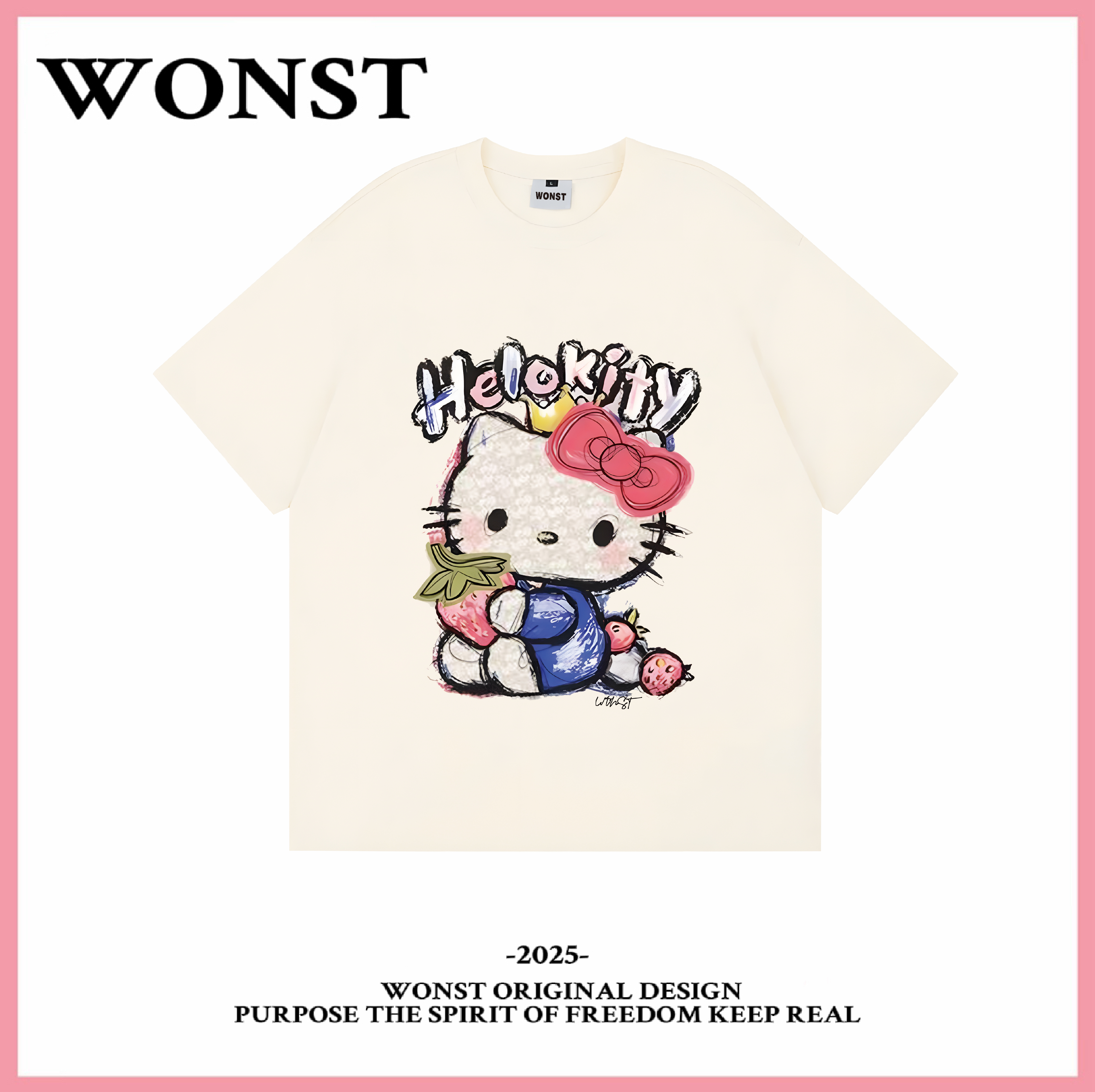 WONST【草莓KT猫】300G重磅100%纯棉数码直喷宽松圆领短袖T恤