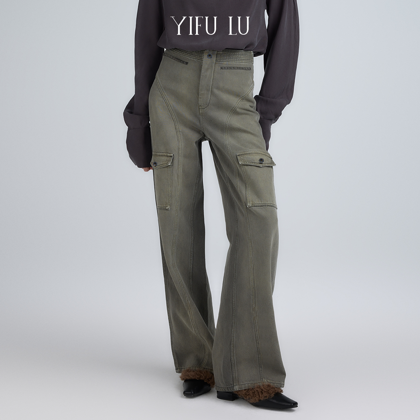 YIFULU 鼠尾草绿辑线腰头洗水牛仔裤 LEAFLEAF设计师品牌