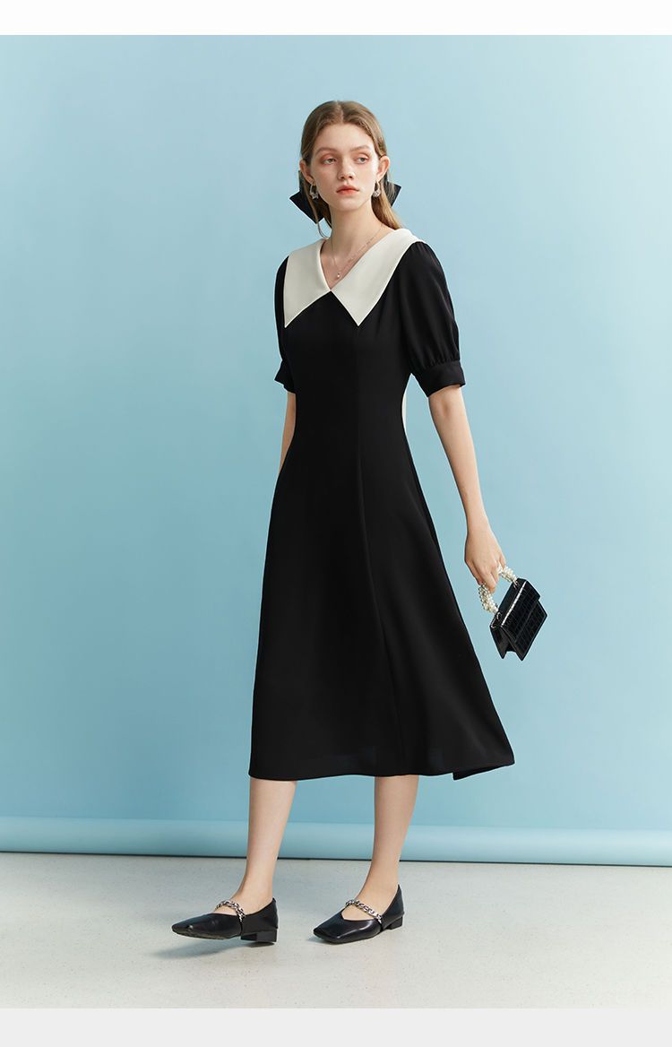 赫本风黑色连衣裙娃娃领收腰显瘦法式长裙
