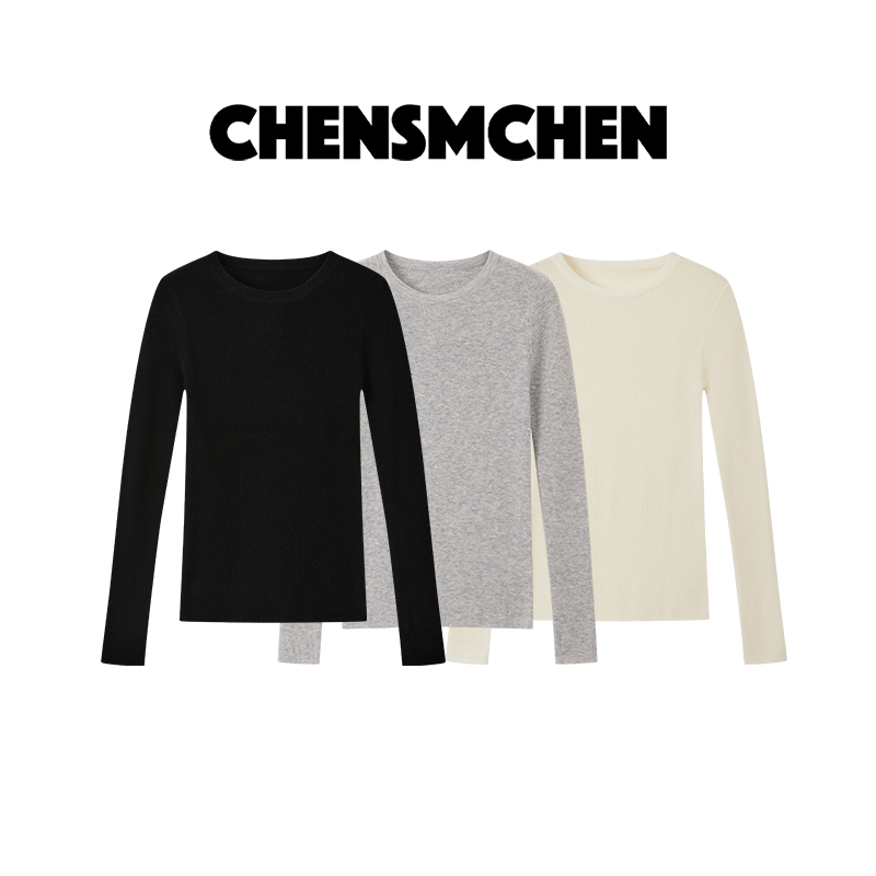 CHENSMCHEN 100绵羊毛圆领针织衫女休闲百搭显瘦打底衫CSZ11174SL