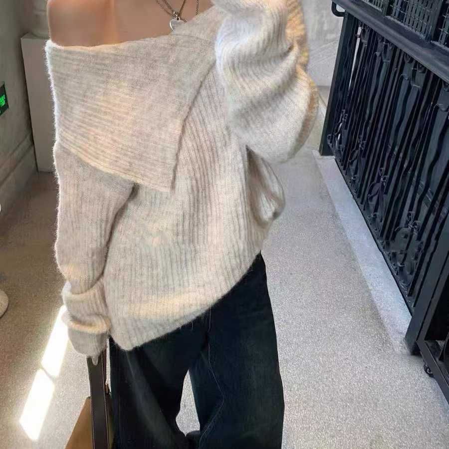 法式慵懒风不规则大翻领露肩毛衣秋季新款时尚上衣女爆款两面穿