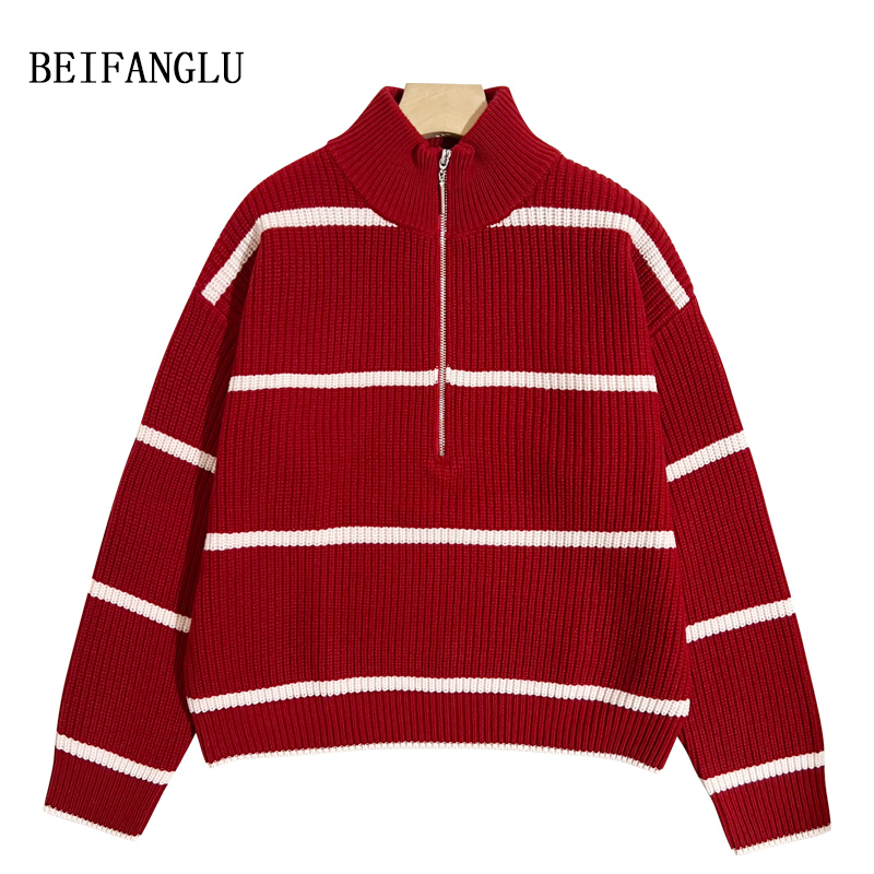 北方鹿氛围红法式条纹秋冬气质拉链立领套头条纹羊毛毛衣女6518