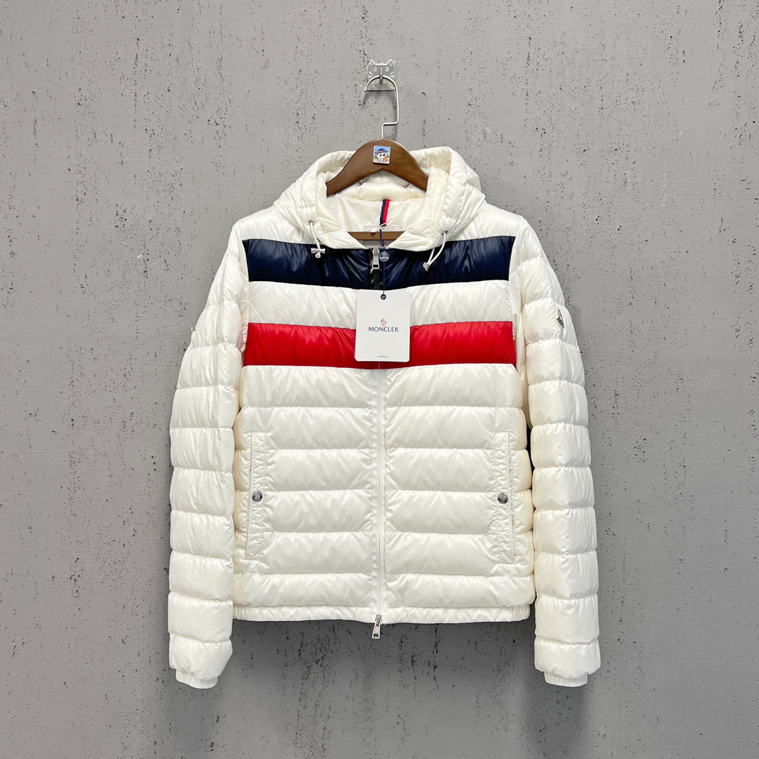 99新 MONCLER moncler蒙口白色红蓝条纹拼接羽绒服3码