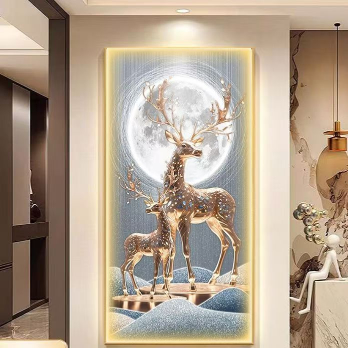 轻奢LED发光福鹿玄关装饰画客厅走廊过道墙壁挂画高级感