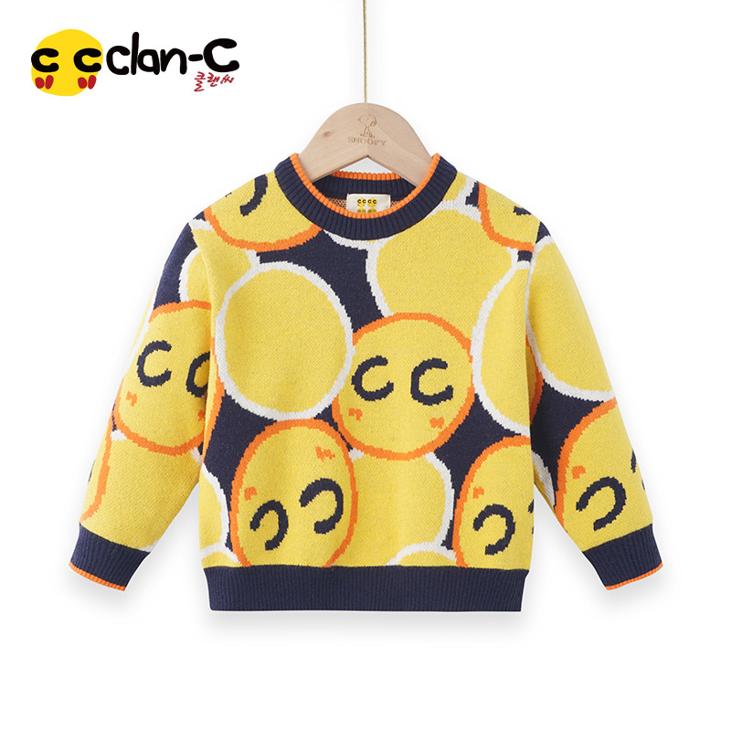 CLAN-C【橘乐宝】休闲儿童毛衣时尚圆领撞色拼接卡通针织衫T230