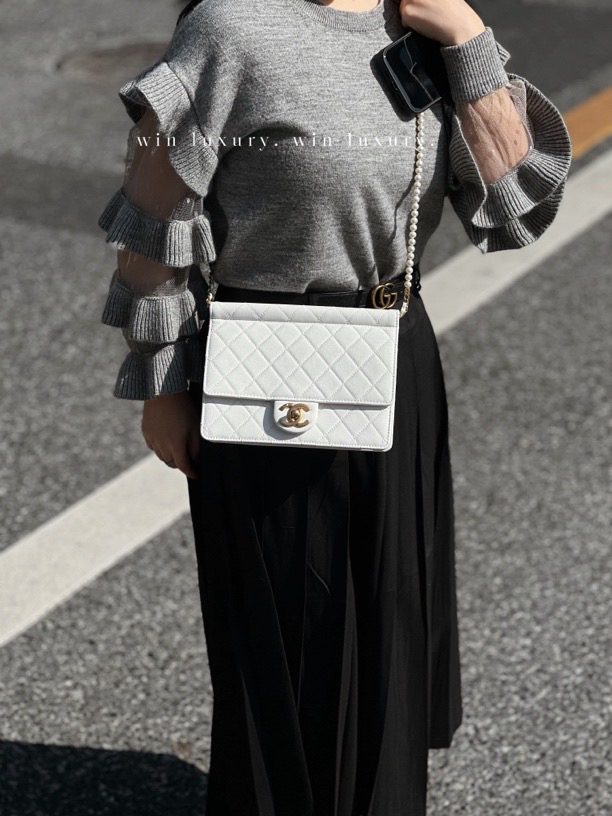 95新 Chanel/香奈儿 香奈儿白金珍珠链条菱格纹单肩包27开带卡