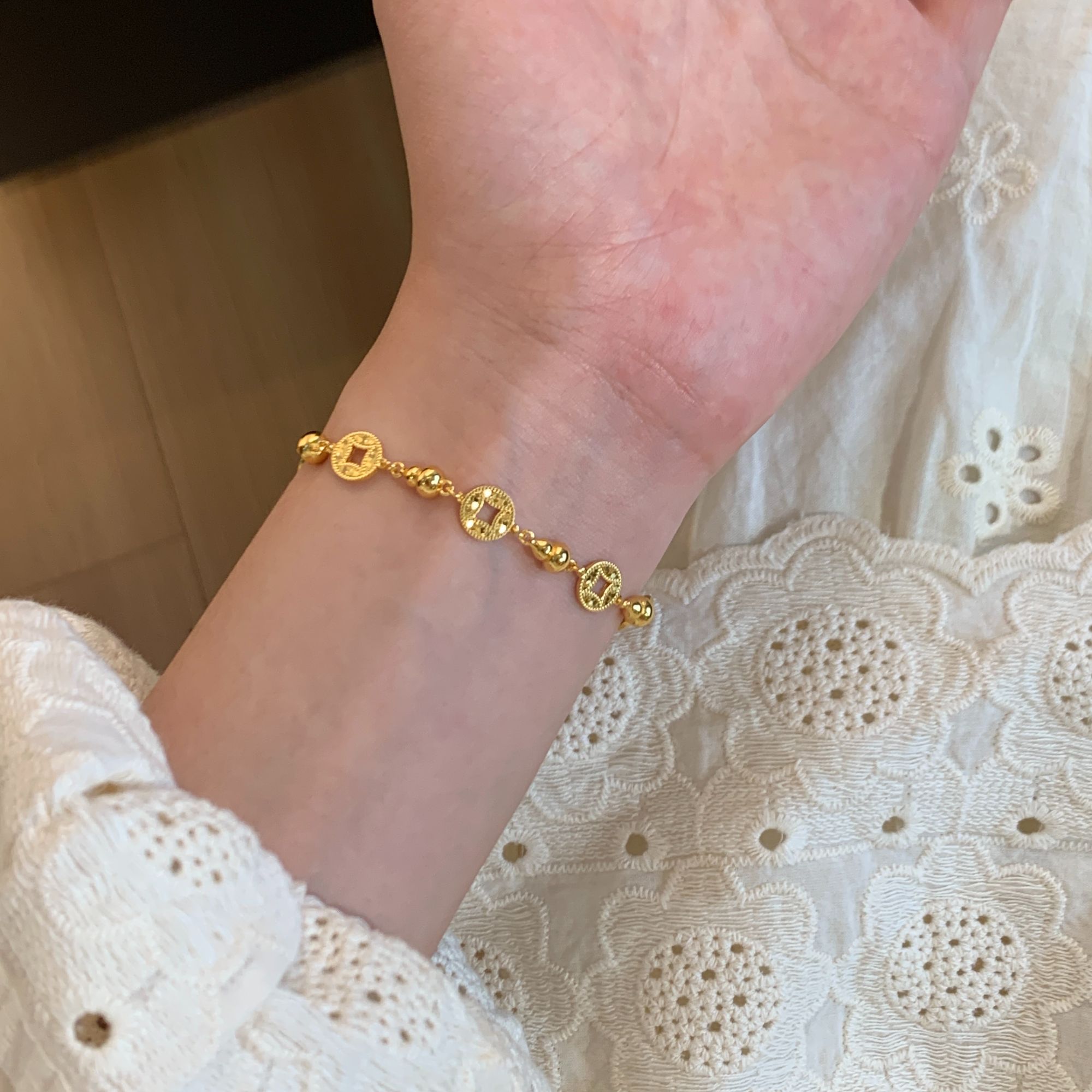 足银手链 燕归yangui“葫芦吉币”手链 足银999.9镀金钱币手链 