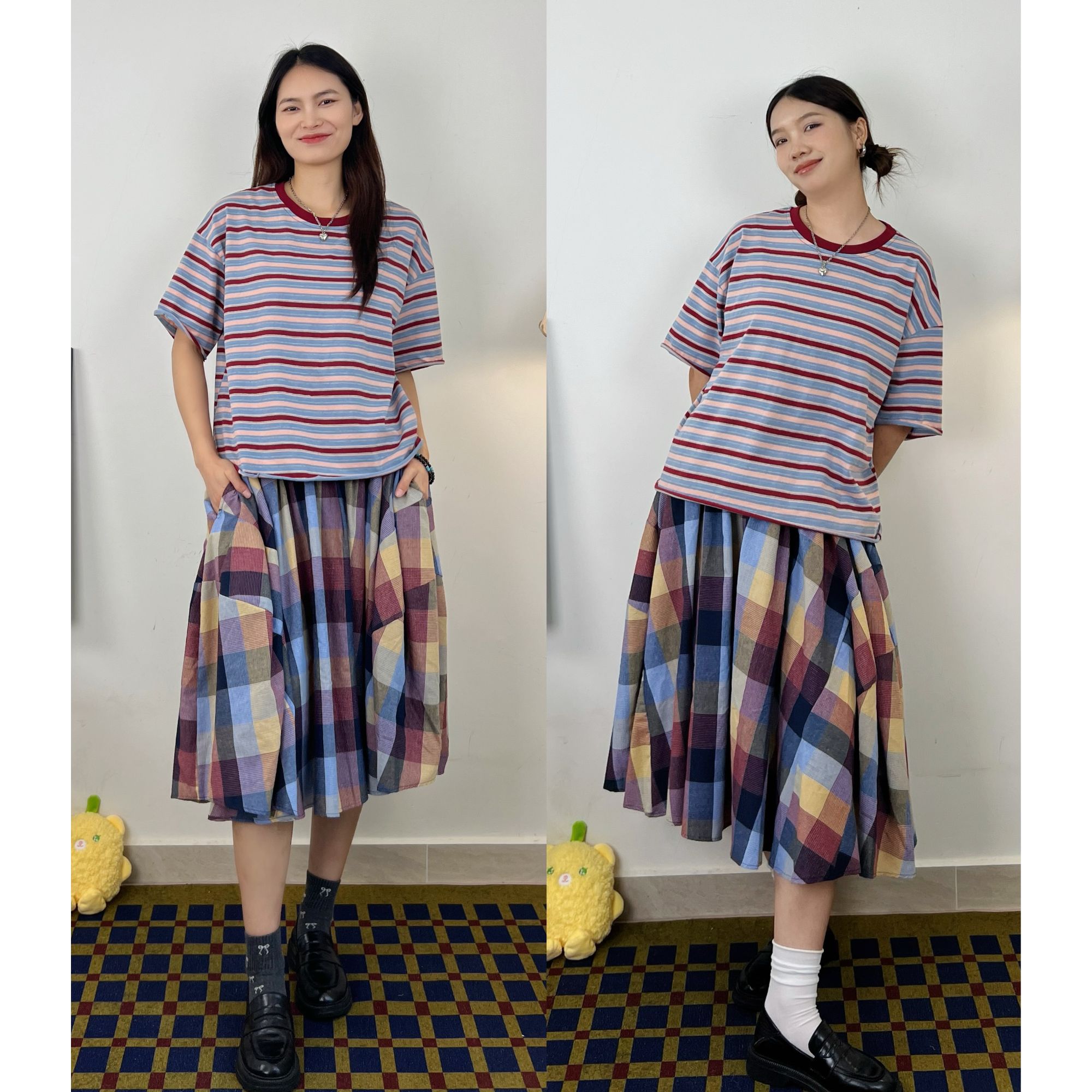 日系文艺格子半裙女2025新款彩色大量感宽松纯棉松紧腰中长款半裙