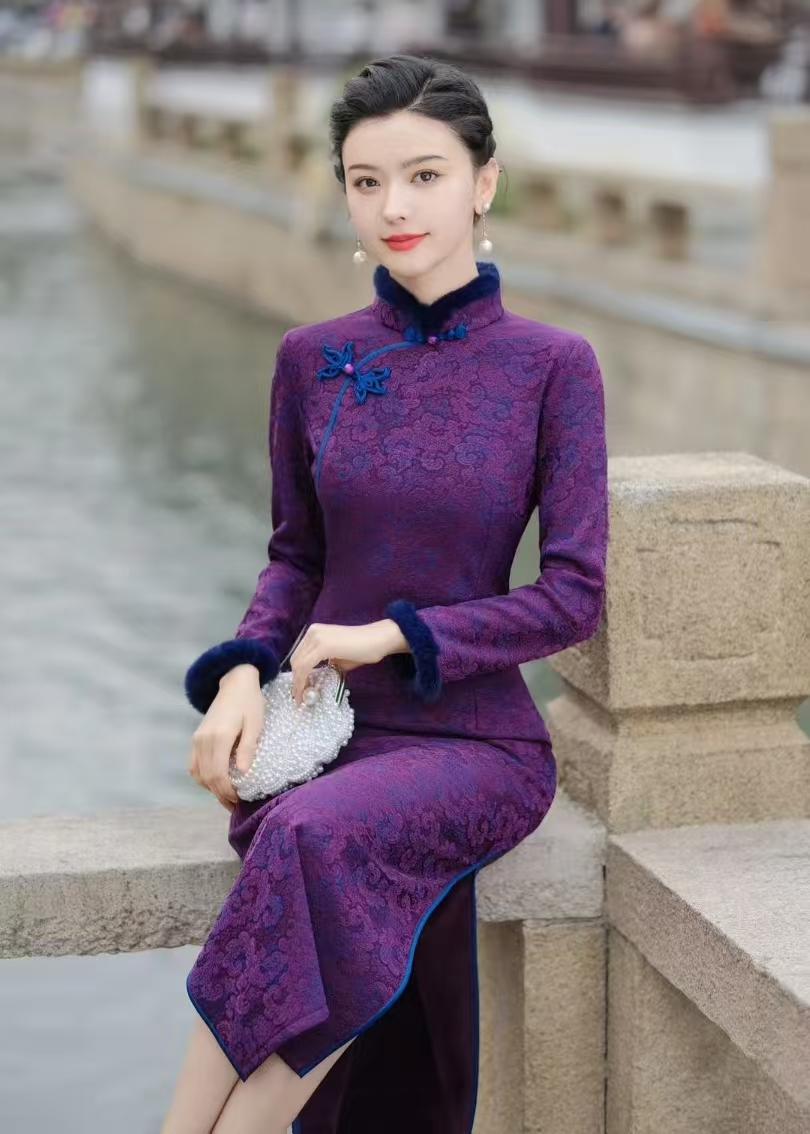 【紫罗兰】中国风复古高贵时尚秋冬款气质优雅加厚旗袍A23