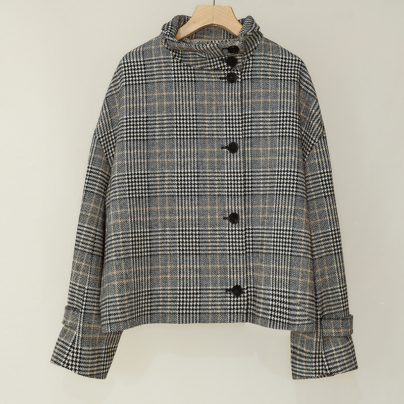 【塔吉克格纹】秋冬新款复古格子绵羊毛外套女立领高端呢子显瘦大衣