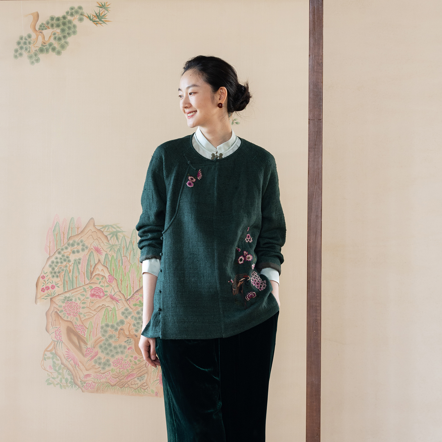 牧衣游原创 柞蚕丝混亚麻手工刺绣短外套绿色文艺复古禅意 离毓