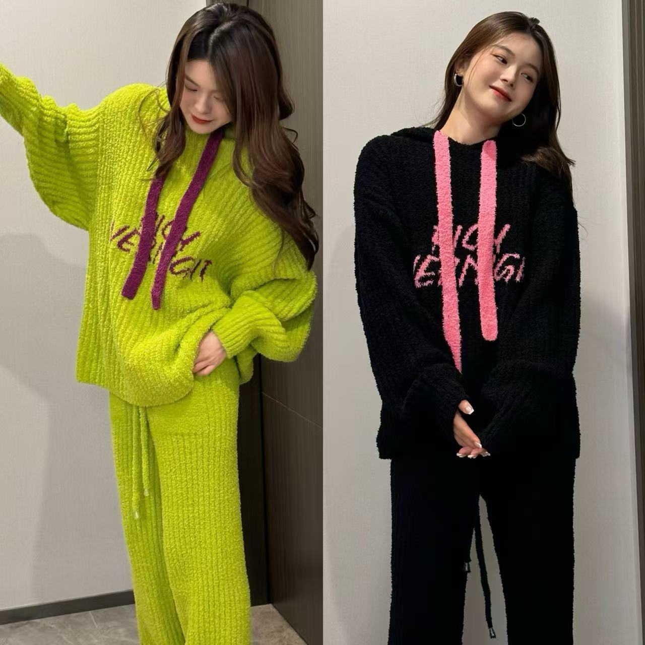 2025秋季半边绒新款抽绳连帽宽松百搭加厚家居服套装女可外穿加厚