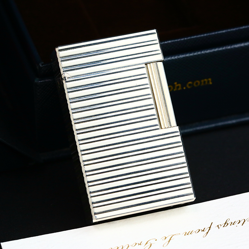 Dupont充气打火机镀银横条纹L1大号男士高档个性复古经典银色送礼