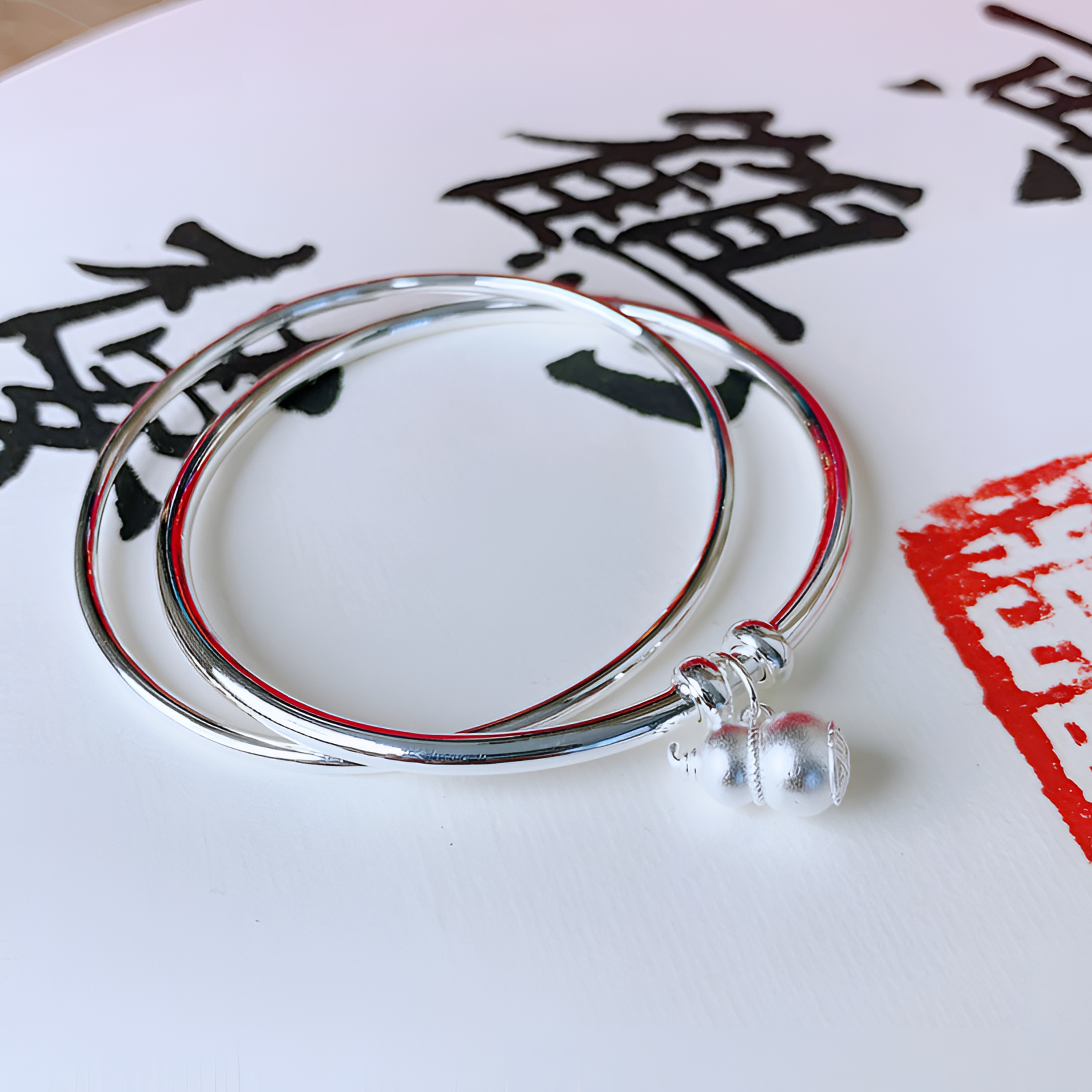 足银手镯 双环宝葫芦银手镯实心9999光面两世欢时尚精美29.9克