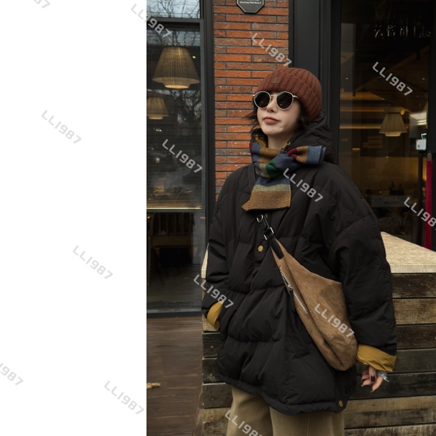 HY罗罗【拼色钮扣连帽】高品90白鸭绒冬季韩版宽松套头羽绒服L477