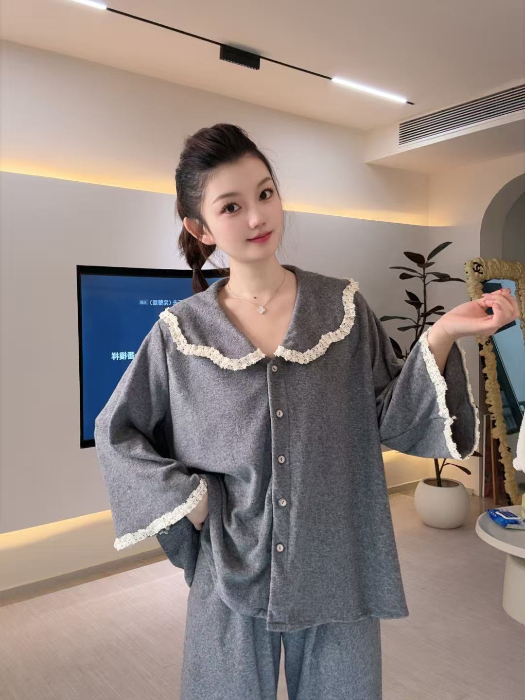 小舞【软泡芙】日韩甜美小翻领女士长袖家居服套装秋冬纯色时尚