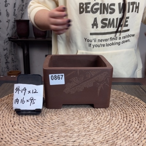 紫砂花盆紫玉金砂芭蕉刻绘一颗印0867