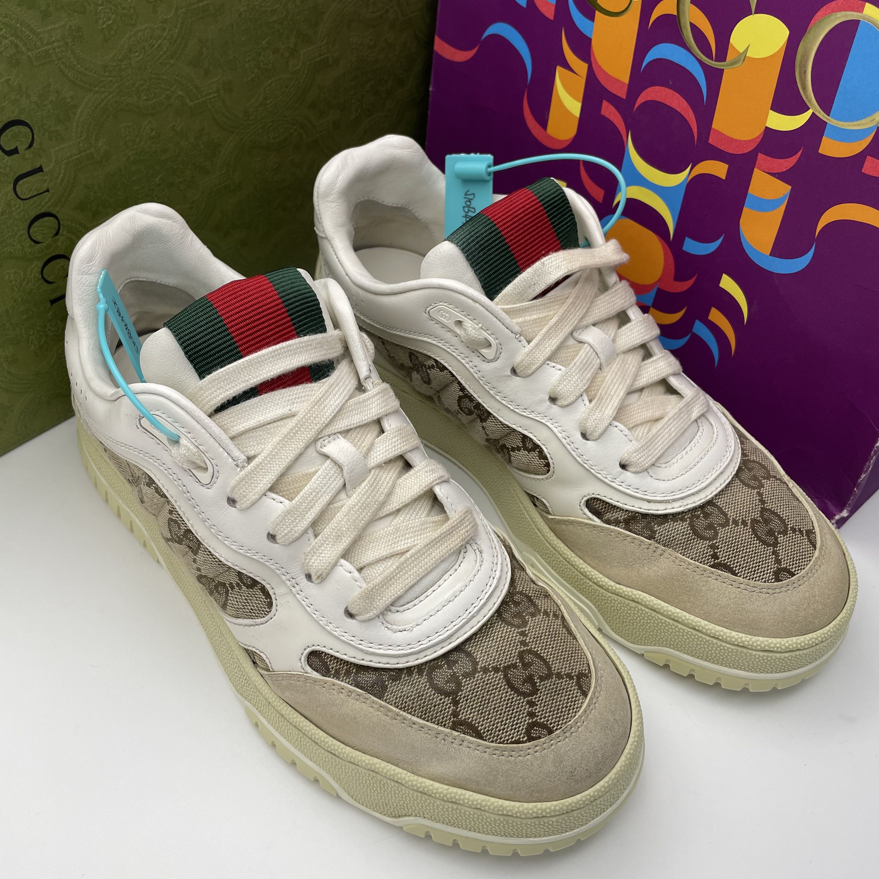 95新 GUCCI/古驰 38欧码/乌木色老花拼接时尚板鞋