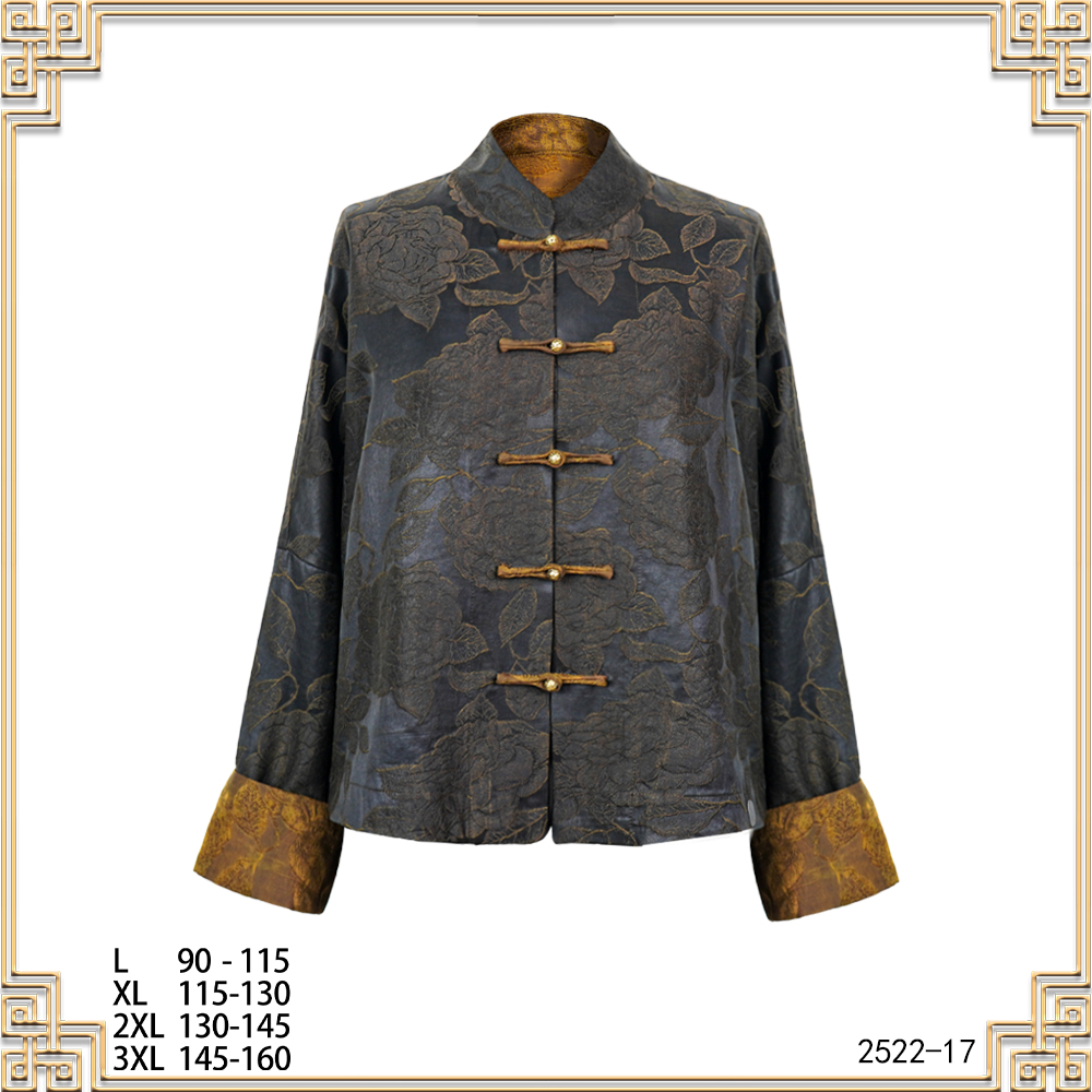 七七2025新款时尚黑色叶子重锻盘扣立领外套2522-17