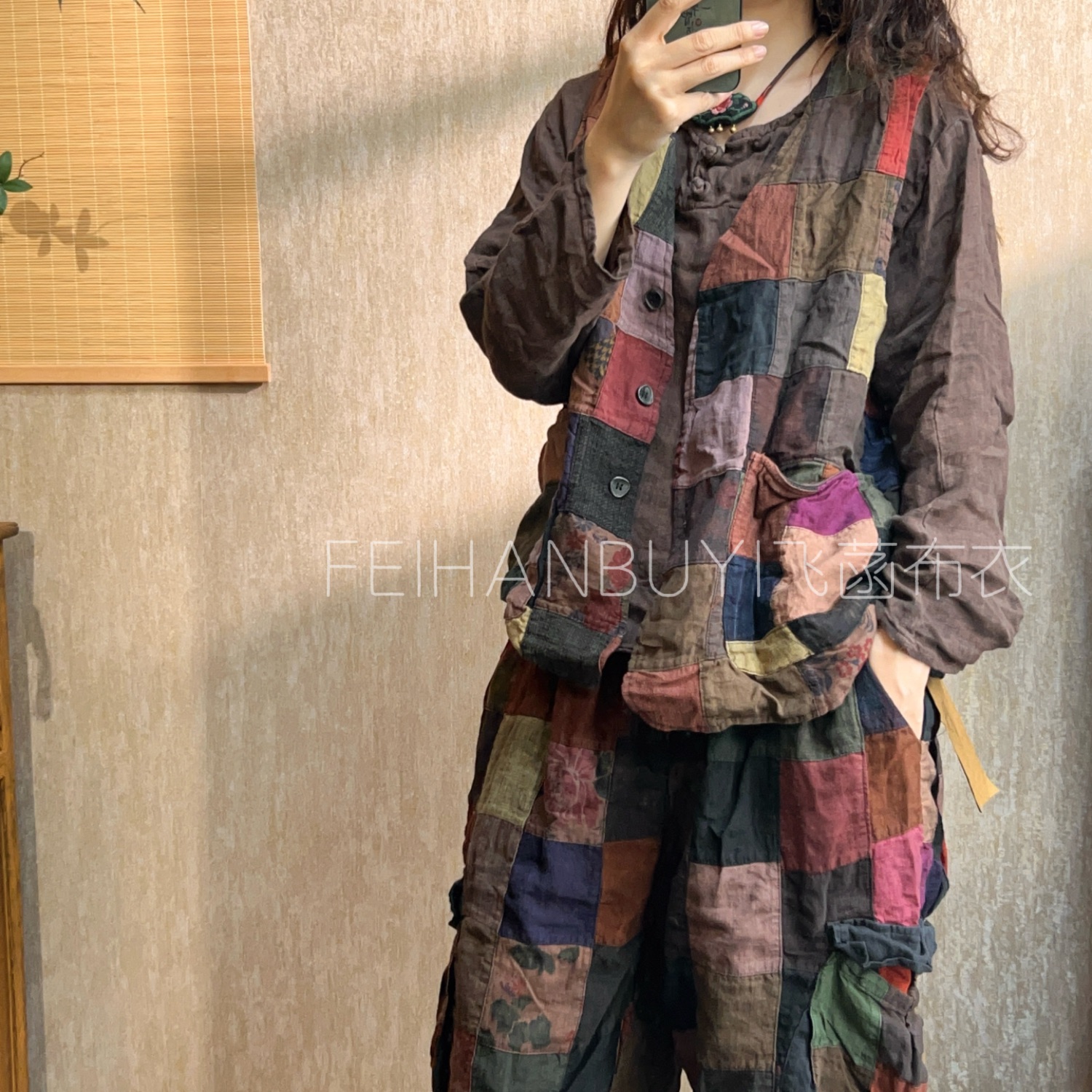  复古文艺亚麻手擦大口袋百家布拼接双层马甲60长单层中裤60长