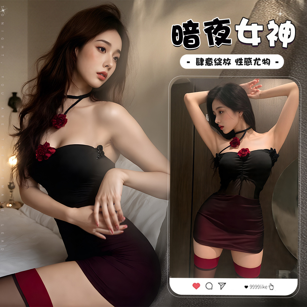 520夜店纯欲风性感睡衣甜辣气质包臀显瘦花朵挂脖网纱连衣裙2025