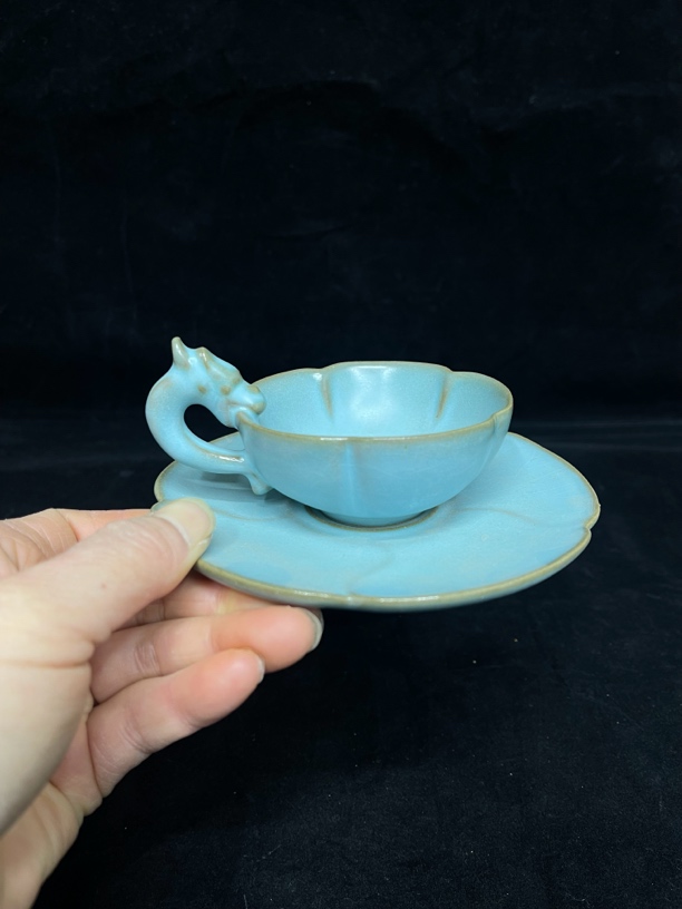 汝窑天青釉龙柄杯荷叶茶盏茶具