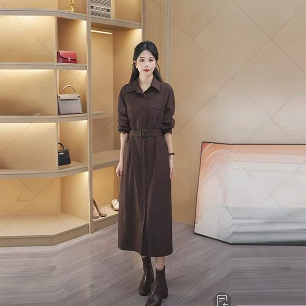 L5672高级感连衣裙子女2024秋季新款收腰显瘦休闲气质翻领休闲裙