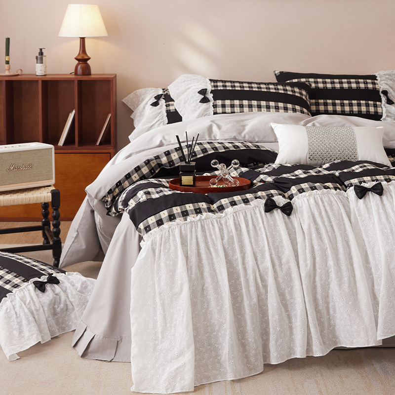 格丽娅/法式公主风全棉四件套手工拼接宽边大蕾丝蝴蝶结床上用品