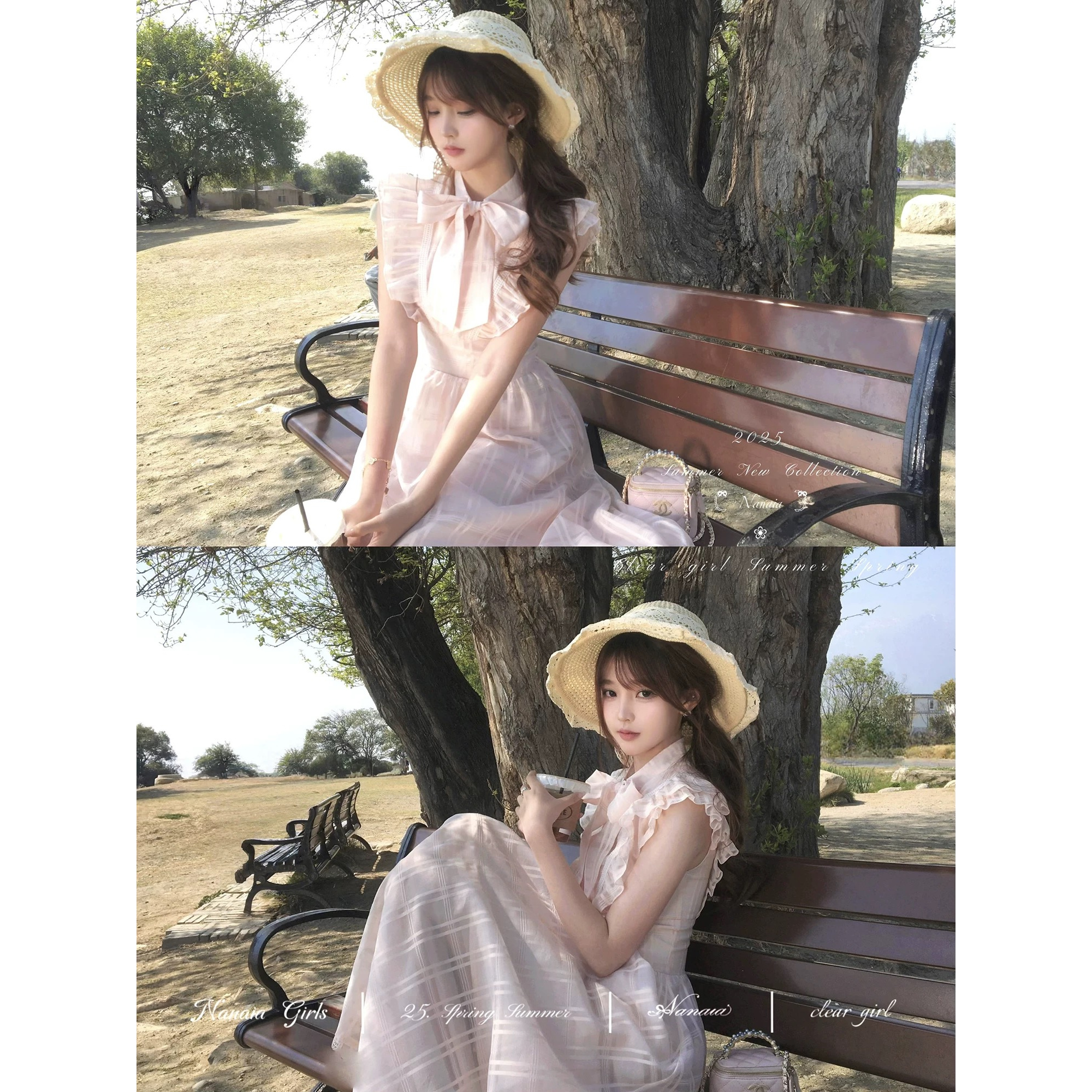 甜水仙 告白庄园 定制格纹纱小飞袖日系水溶织带大裙摆连衣裙长裙