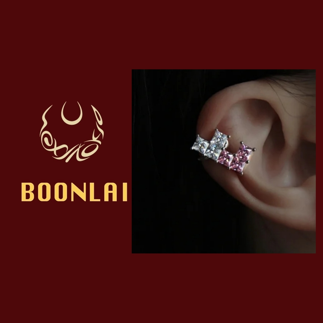铜合金合成锆石耳饰 Boonlai 单只小众粉色白色双爱心锆石耳夹780