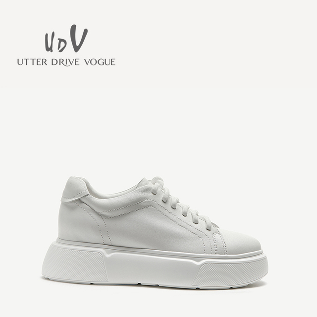 UDV2025春季新品小白鞋厚底真皮简约时尚休闲鞋系带圆头舒适女鞋